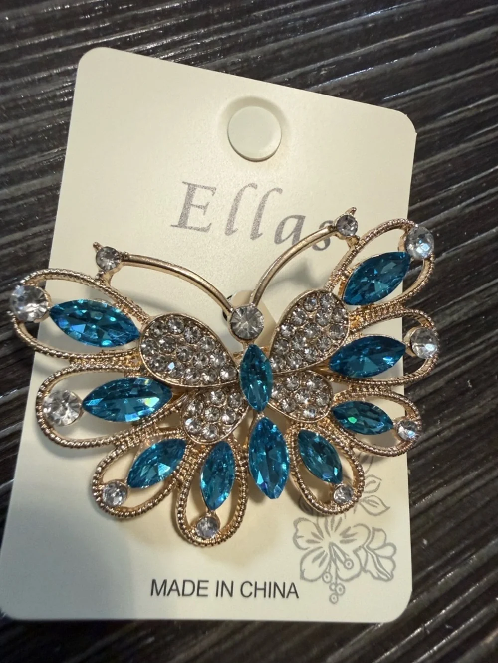 Ellas Gold-Tone Butterfly Brooch with Teal Blue Crystals